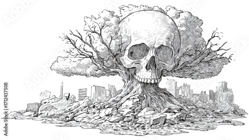 Monochrome Engraving of Radioactive Tree Emerging from Skull