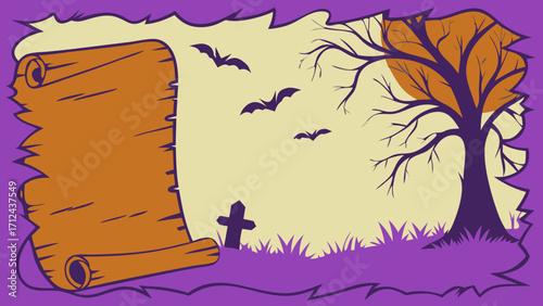 Spooky parchment scroll with bats and tree in Halloween setting  