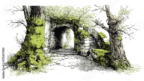 Tranquil Rustic Moss Covered Walkway in Bark Shaded Alcove