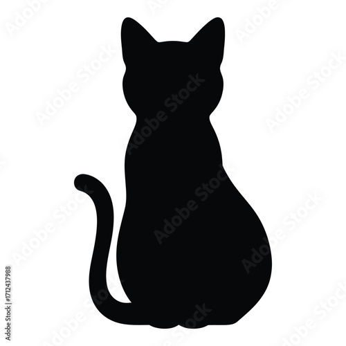 Black cat silhouette sitting gracefully with tail curled elegant feline animal silhouette