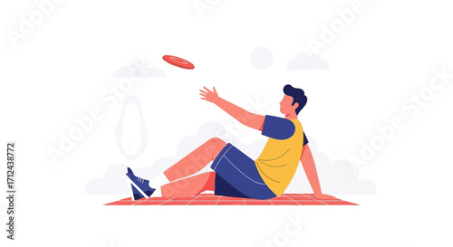 Athlete Relaxes Outdoors While Playing Frisbee, Enjoying Leisure Time, Having Fun