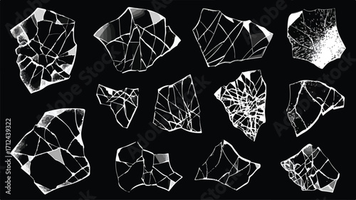 Collection of Broken Glass Pieces on Black Background