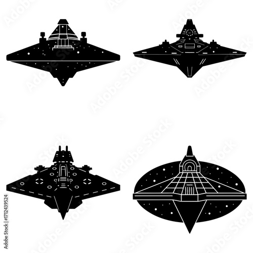 Four black and white silhouette images of star destroyers in various styles and orientations on a white background