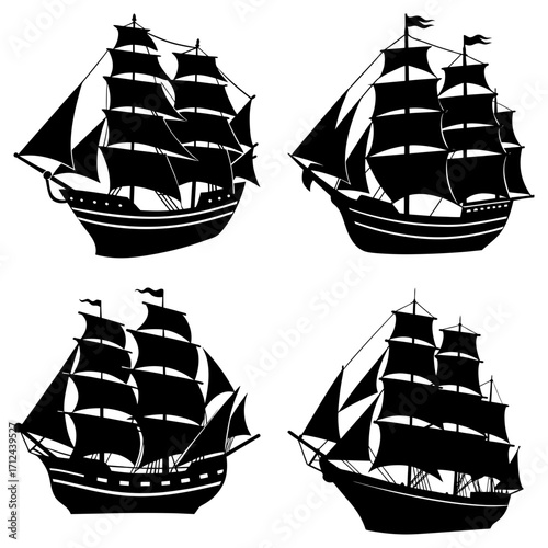 Silhouette illustration of four sailing ships with multiple sails and masts on a white background