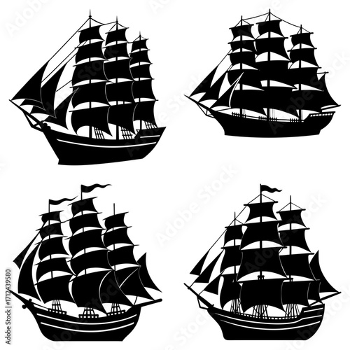 Four silhouette images of sailing ships with multiple masts and sails in a nautical arrangement