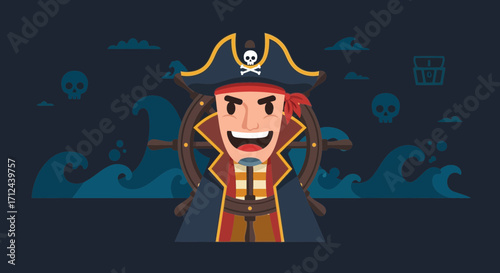Cheerful Pirate Captain Smiling, Steering Wheel Background, For Cartoon Illustration