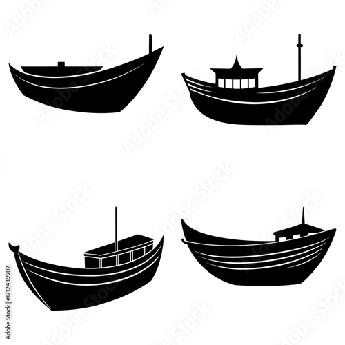 Illustration of four silhouettes of traditional boats with varying designs and features on a white background