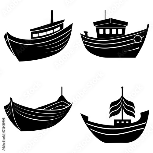 Four different boat silhouettes in black and white showing various boat designs and styles on a white background