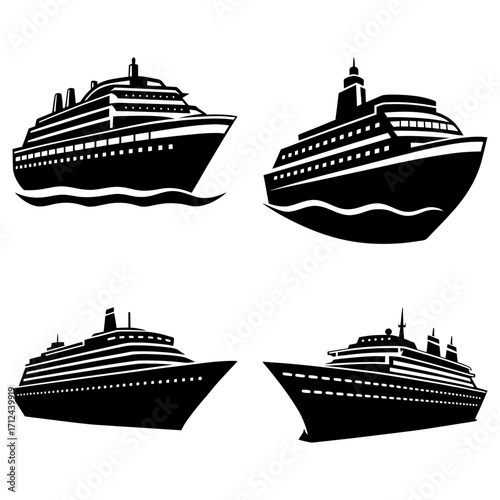 Four cruise ship silhouettes in black and white showcasing different angles and ship designs on a white background
