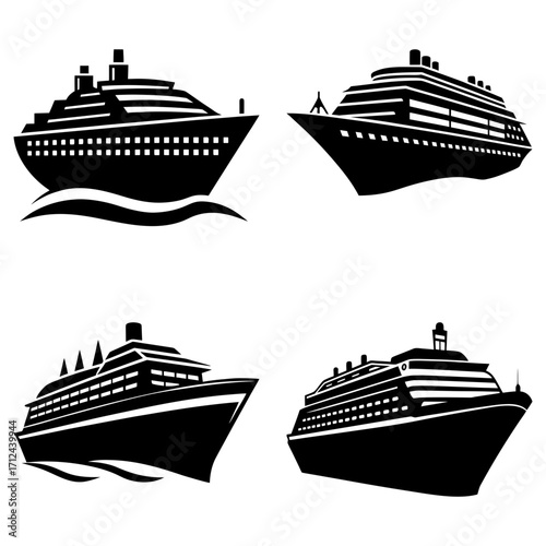 Four cruise ships in black silhouette on a white background showcasing maritime transport and travel design