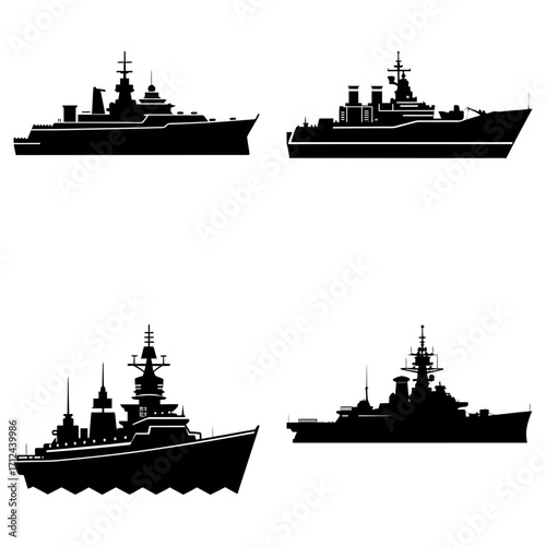 Silhouettes of four different naval warships with detailed superstructures and various antenna arrays