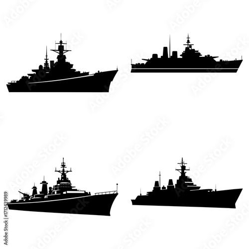 Silhouette illustration of four warships with detailed masts and gun turrets on a white background