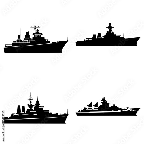 Silhouettes of four naval warships with detailed superstructures and varied hull designs on white backdrop