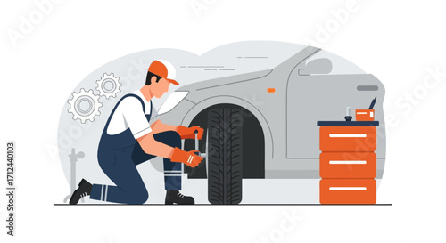 Automotive Mechanic At Work: Changing The Tire, Providing Efficient Car Repairs
