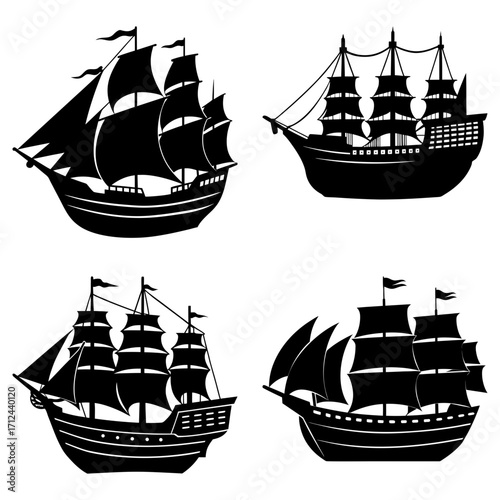 Silhouette illustration of four sailing ships with multiple masts and billowing sails on a white background