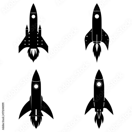Four black and white rocket ship illustrations with flames and different wing configurations shown