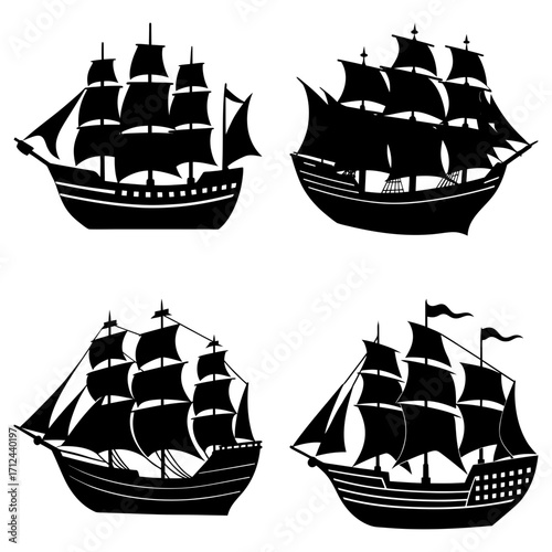 Four silhouette illustrations of vintage sailing ships with multiple masts and sails on a white background