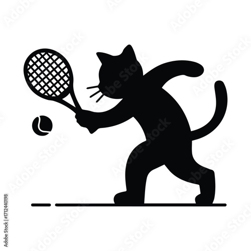 Playful black cat silhouette playing tennis with a racket and ball
