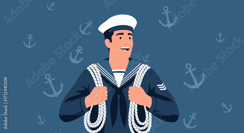Cheerful Sailor with Rope Confidently Poses, Anchors Float In The Background