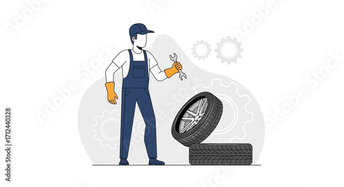 Automotive Professional Holding Wrench Next To Tire Ready For Service And Maintenance