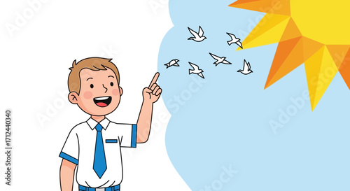 Cheerful Schoolchild Gaze at Flying Birds Under the Sun with Upward Gesticulation