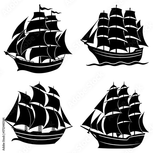 Four silhouette images of sailing ships with multiple masts and billowing sails on a white background
