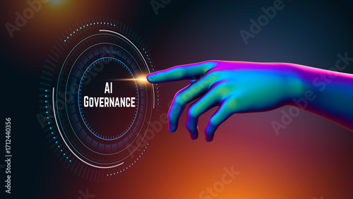 AI Governance text message with 3d arm touching HUD interface for futuristic AI and IoT visualizatio