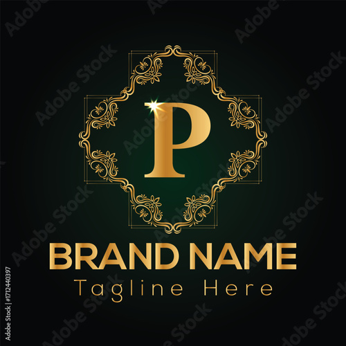 Golden letter P logo with ornate frame and brand name text on dark green background golden logo