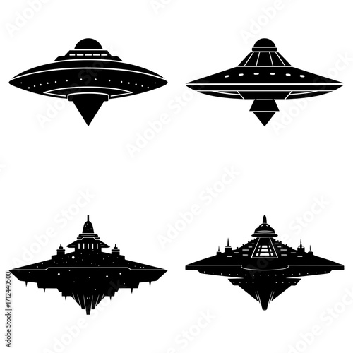 A collection of four black and white ufo designs with varying styles and levels of detail displayed