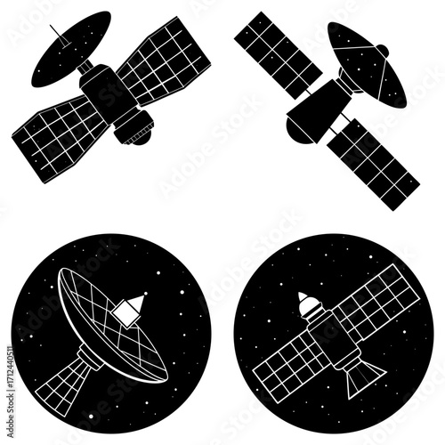 Illustration showing two satellite designs and two satellite dishes in a space themed background