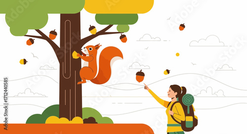 Autumn Adventure: A Cheerful Squirrel Shares Acorns With Adventurous Female Traveler