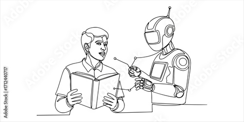 Student holding book and integrating with ai robot assistant for effective learning, studying continuous single line art drawing sketch on white background 