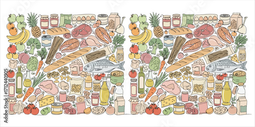 Fruits and vegetables, eggs, meat, fish, baguette, pasta and other groceries, goods, processed and fresh food continuous single line art drawing sketch on white background