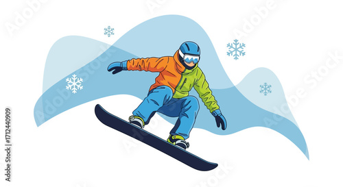 Cheerful Snowboarder Carving Downward On a Crisp White Background With Snowflakes