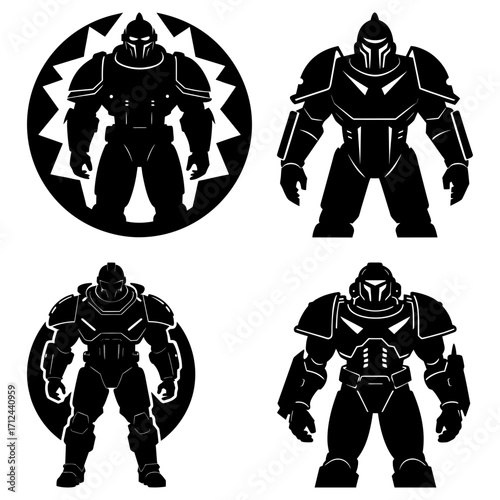Four black and white stylized illustrations of futuristic armored soldiers in different stances and poses