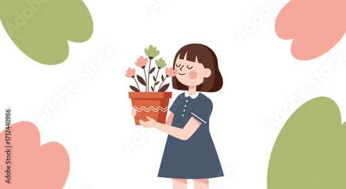 Cheerful Woman Appreciating Flower's Aroma, Enjoying Floral Fragrance, Mother's Day Design