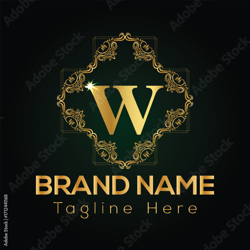 Golden letter W logo with ornate frame and brand name text on dark green background vector