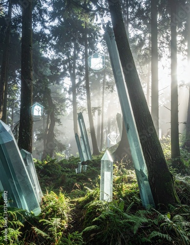 cinematic shot of a misty, ancient forest where trees are replaced 