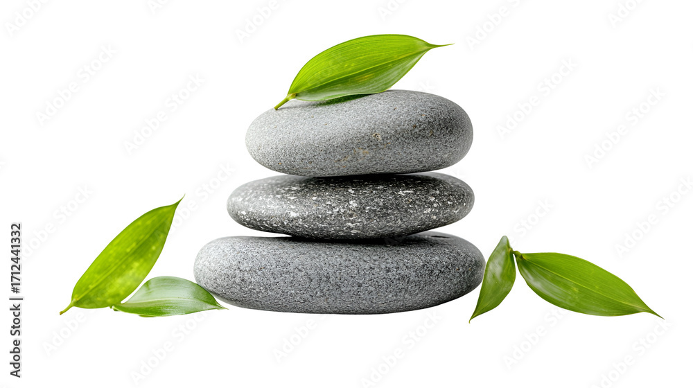Obraz premium Stacked Stones with Green Leaves A Serene Balance of Nature's Elements for Wellness and Tranquility