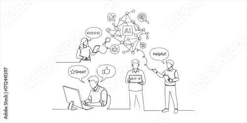 Characters use artificial intelligence to give review continuous single line art drawing sketch on white background
