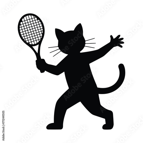 Playful cat silhouette in action holding a tennis racket silhouette