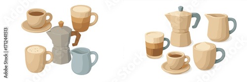 Beautiful coffee collection with various cups, a coffee maker, and milk jug showcased on a wooden surface