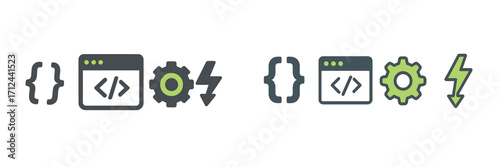 Design elements featuring coding symbols and icons representing technology and development