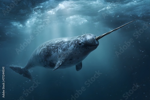 Close view of a narwhal swimming in Arctic waters with sunlight filtering through, symbol of nature, mystery and marine life.