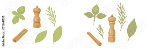 Wooden pepper mill surrounded by various fresh herbs and spices on a white background