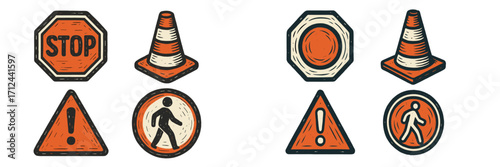 Traffic signs and cones designed for safety in urban areas during the day