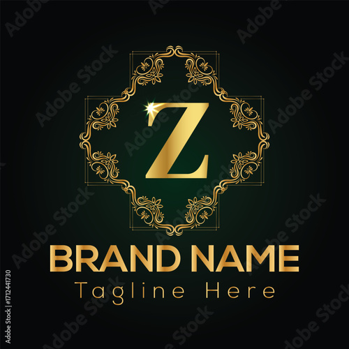 Golden letter Z emblem with ornate frame and brand name placeholder Z letter logo