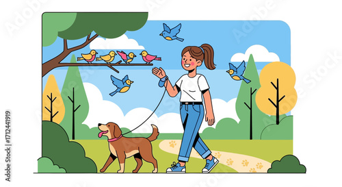 Cheerful Woman Walking Dog In Park Under Bright Sky With Animated Birds
