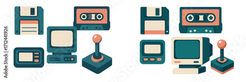 Retro technology collection featuring floppy disks, cassette tapes, and vintage computing devices in a playful design