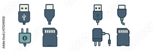 Various types of connectors and chargers displayed in a flat layout